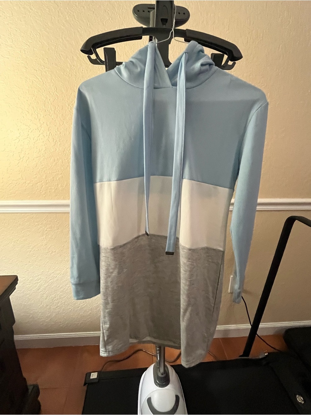 No Boundaries Light Blue, White & Gray Hooded Long Sleeve Dress